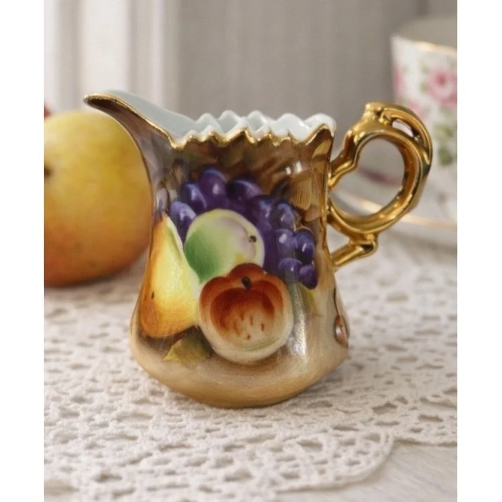 Vintage Lefton China Fruit Creamer Hand Painted Grapes Pear Peach Gold Trim